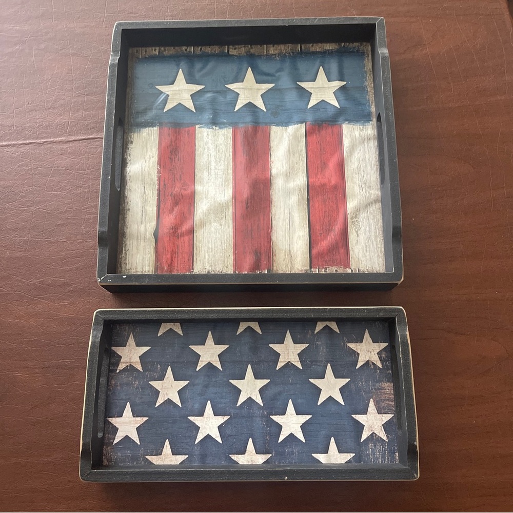 SOLD Set Of 2 Patriotic Wavy American Flags Wooden Serving Trays; Rustic Country